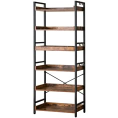 an industrial shelving unit with four shelves and one shelf on each side, in dark wood