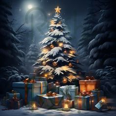 a christmas tree surrounded by presents under a full moon lit sky with stars and lights