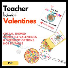 teacher valentine's day card with cereal and heart shaped candies on the front