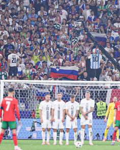 a group of soccer players standing on top of a field next to each other in front of a crowd