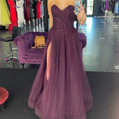 Beautifully Beaded Purple Dress That Sparkles. I’m Excellent Condition Worn Just 1x. Stored In A Smoke Free Pet Free Home. Old Dresses, Prom Wedding, Purple Dress, Formal Event, Color Purple, A Line Dress, Strapless Dress, Prom, Buy And Sell