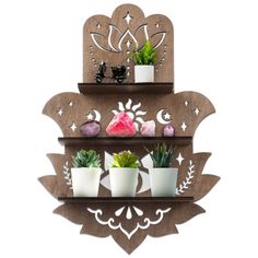 a wooden wall shelf with pots and plants on it, hanging from the top of each shelf