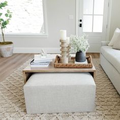 a living room with a couch, coffee table and plant in the centerpieces