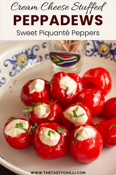 bowl with cream cheese stuffed peppadews Stuffed Cherry Peppers Appetizers, Stuffed Sweet Cherry Peppers, Stuffed Peppadew Peppers Appetizers, Sweet Cherry Peppers Recipes, Sweet Stuffed Peppers, Cream Cheese Stuffed Sweet Peppers, Cream Cheese Filled Peppers, Pepperdew Recipes, Pepper Poppers Cream Cheese