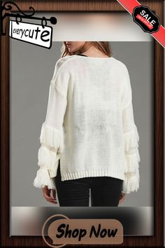 Autumn Winter Casual Vintage Women Beige Tassel Flare Sleeve Sweaters Loose Knitted V-neck Tops Sweater Pullovers Fringe V-neck Top For Fall, Winter Long Sleeve Tops With Tassels, White Fringe Tops For Fall, V-neck Fringe Top For Fall, Spring Long Sleeve Sweater With Tassels, Casual Knit Sweater With Tassels, Long Sleeve Knit Sweater With Tassels, Flare Sleeve Sweater, Loose Sweater