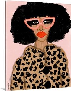 a painting of a woman with black hair and leopard print on it's coat