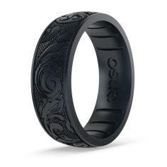 Experience elegance and flexibility with our intricately laser-engraved Flourish silicone ring in Black Pearl, a perfect blend of sophistication and functionality for any occasion. Made in the USA: Made with the highest quality materials to set the standard for luxury silicone rings Ultra Comfortable: Unique, flexible design for ultra comfort even with swelling fingers and hands Safe: Engineered with Anti Ring Avulsion Technology to break away and protect your finger Breathable Channels: Promotes airflow to keep your fingers dry and comfortable Dimensions:Width: 6.6mmThickness: 1.75mm | Enso Rings Etched Signature Silicone Ring | Flourish - Black Pearl | Size 5 Enso Rings, Wedding Engagement Rings, Silicone Ring, Silicone Rings, Flexible Design, Pearl Size, Black Pearl, Laser Engraved, Laser Engraving