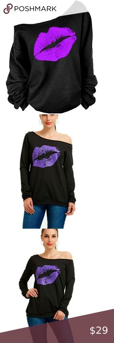 Sexy Off Shoulder Black & Purple Lips Top Sexy and comfortable  Step into fashion with this head turning top.  Bundle and save   Pullover shirt, Wide neck, Long sleeve, Scribble lips pattern, Off the shoulder, Unfinished seams, Relaxed fit, Lightweight, Slouchy shirt, Hand wash cold This sexy shirt can be worn off either shoulder or centered for just a peek of both Ideal for parties or casual wear 90% Cotton Elastic Tops Crop Tops Slouchy Shirt, Purple Lips, Into Fashion, Pullover Shirt, Off The Shoulder, Turning, Casual Wear, Off Shoulder, Hand Wash