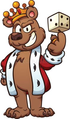 a cartoon bear with a dice in his hand and wearing a crown on its head