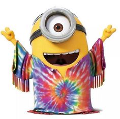 a cartoon character is holding his arms in the air while wearing a tie dye shirt