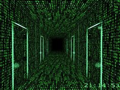 an image of a hallway made up of green and black numbers in the dark room