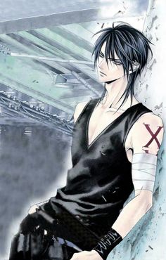 an anime character with black hair and tattoos on his arm, leaning against a wall