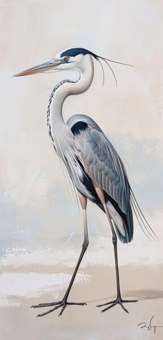 a painting of a bird with long legs