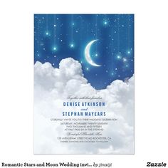 a wedding card with the moon and stars in the sky above clouds on a cloudy day