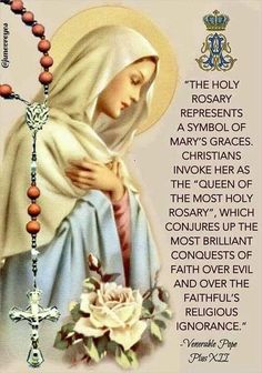 an image of the virgin mary with rosary and roses on it's side,