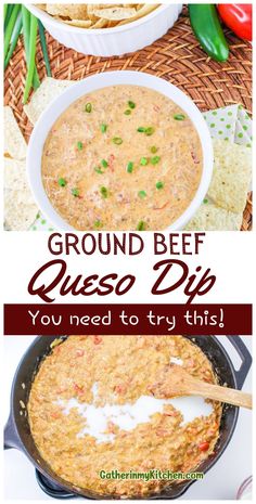 ground beef quesadilla dip in a skillet with tortilla chips