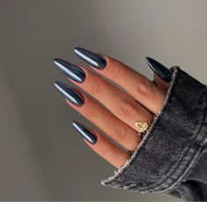 Black Chrome Nails, Fake Acrylic Nails, Blue Chrome Nails, Silver Nail, Gray Nails, Blue Nail, Metallic Nails, Dark Nails