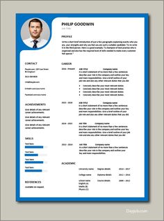 a professional resume template with blue trimmings on the front and bottom, is shown