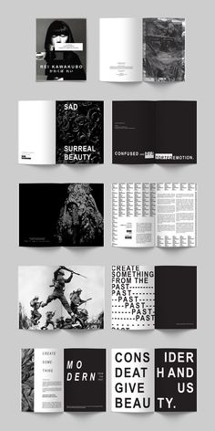 an assortment of black and white brochures with different designs on them, including the title