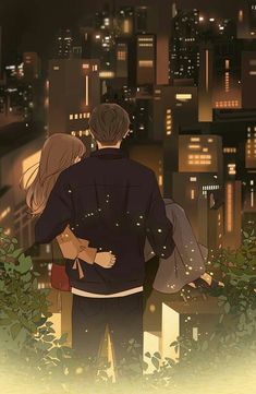 two people standing in front of a cityscape at night with their arms around each other