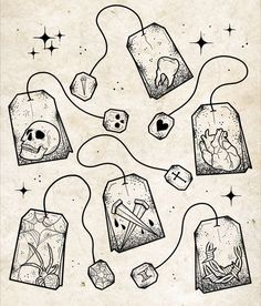 an image of some bags with skulls and bones on them in black ink, hanging from strings