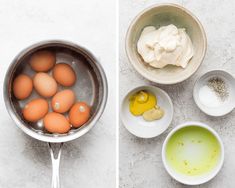 eggs and other ingredients are being prepared in bowls