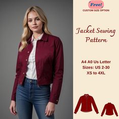 a woman wearing a jacket sewing pattern with the text, jackets sewing pattern aa 40 us letter sizes us 2 - 30 xs to 4xl