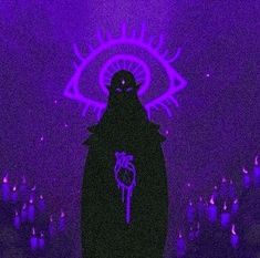 a person standing in front of a purple light with an evil eye on the wall