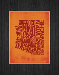 an orange and red poster with words written in different languages on the side of it