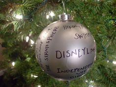 a silver ornament hanging from a christmas tree with the word disneyland written on it