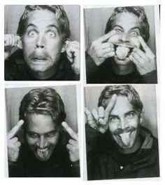 four different pictures of a man making faces with his hands and fingers in front of him