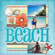 the cover of beach is shown with pictures of people and seashells on it