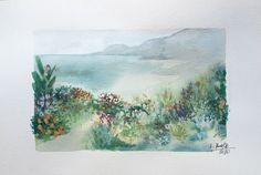 a watercolor painting of flowers and plants by the ocean with mountains in the background