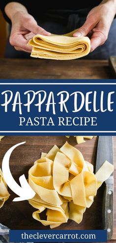 the recipe for papparella pasta is shown in blue and white with text overlay