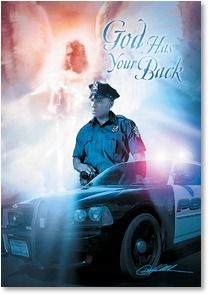 a cop standing in front of a police car with angel wings on it's back