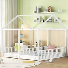 a white dollhouse bed in the corner of a room