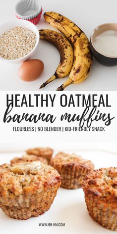 healthy oatmeal banana muffins on a plate with bananas and milk