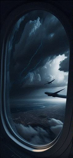 an airplane window with lightning in the sky