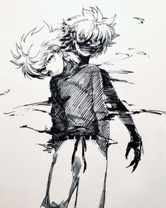 a black and white drawing of a boy with blonde hair standing in the water looking at something