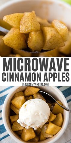 microwave cinnamon apples with ice cream in a bowl