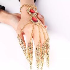 Finger Bracelets, Belly Dance Jewelry, Dance Accessories, Dance Jewelry, Nail Ring, Ruby Jewelry, Blue Gems, Gold Bracelet Chain, Hand Jewelry