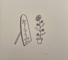 a drawing of a mirror and flower pot