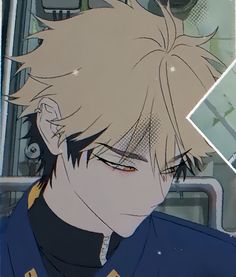 an anime character with blonde hair and blue eyes looking at something in front of him