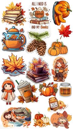 a bunch of stickers that are on the side of a white sheet with autumn decorations