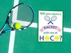 a tennis racquet with a racket on it next to a sign that says, will you cause a racket with me at hoc?