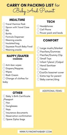 a baby shower checklist with the words carry on packing list for baby and parent