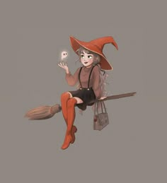 a woman sitting on top of a broom holding a ball and wearing a witches hat