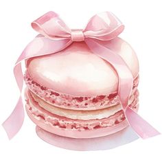 a watercolor painting of three pink macaroons with a ribbon on top,