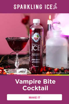 a bottle of vampire bite cocktail next to a martini glass with ice and sprinkles