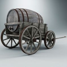 an old wooden wagon with two barrels on it's back and wheels, sitting in front of a gray background